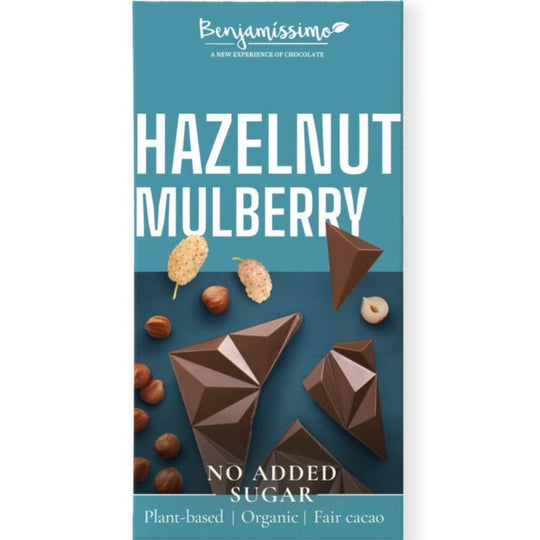 Benjamissimo sockerfri ekologisk kakaobar med hasselnöt och mullbär, teal förpackning