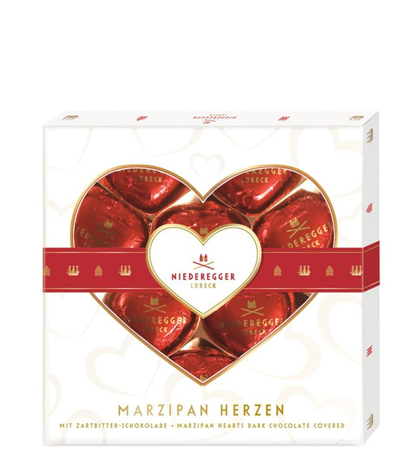 Niederegger Marsipanhjärtan 125g med genomskinligt fönster och röd banderoll
