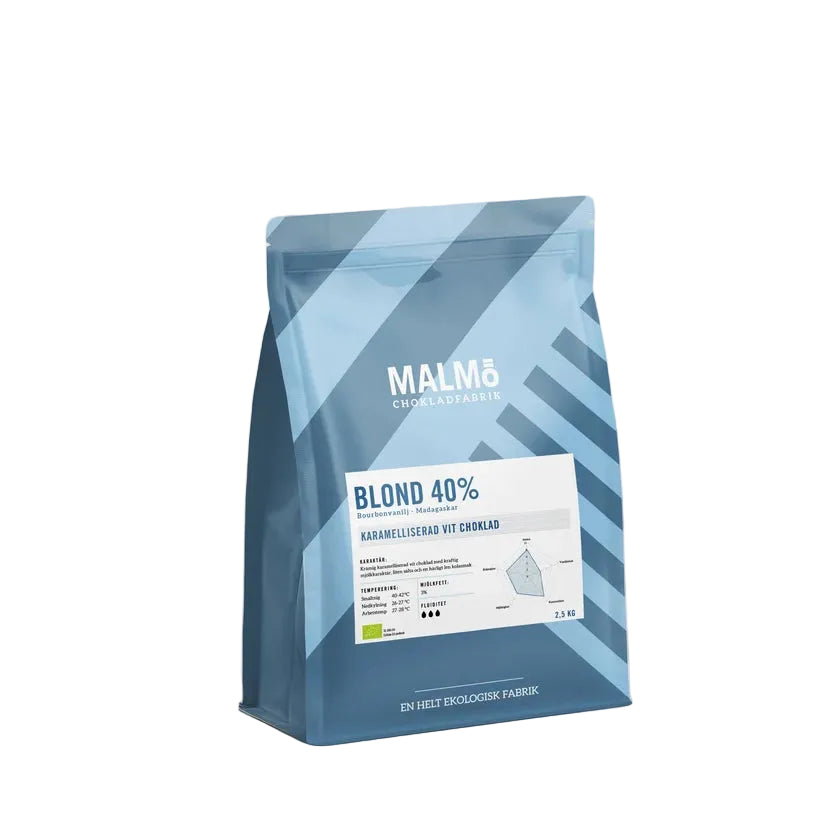 Blå påse med Malmö Chokladfabrik blond 40% vit choklad