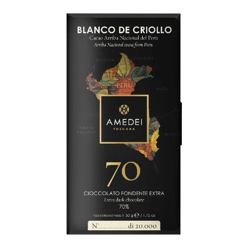 Chokladshopen Amedei Blanco De Criollo 70% mörk chokladkaka i exklusiv svart förpackning med karta över Peru.