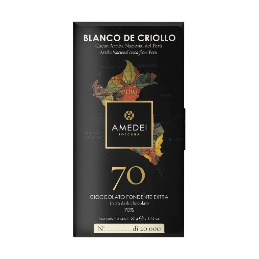 Chokladshopen Amedei Blanco De Criollo 70% mörk chokladkaka i exklusiv svart förpackning med karta över Peru.