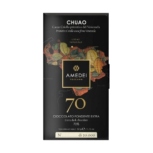 Chokladshopen Amedei Chuao 70% mörk chokladkaka i elegant svart förpackning med karta över Venezuela
