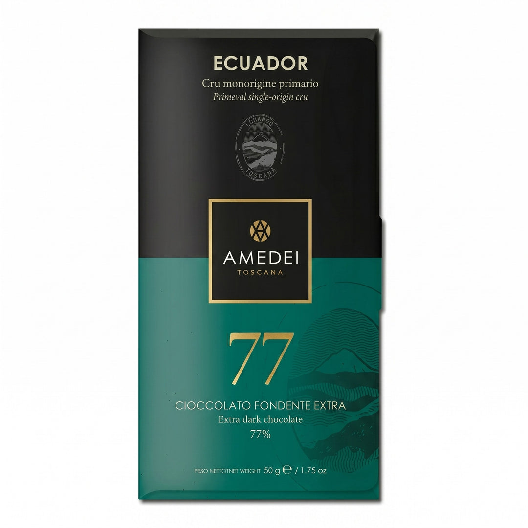 Chokladshopen Amedei Cru Ecuador 77% mörk chokladkaka i elegant svart och grön förpackning