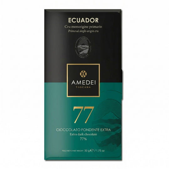 Chokladshopen Amedei Cru Ecuador 77% mörk chokladkaka i elegant svart och grön förpackning
