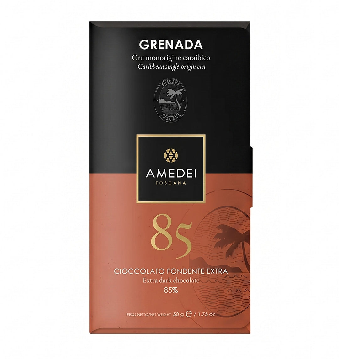 Chokladshopen Amedei Cru Grenada 85% mörk chokladkaka i elegant svart och terrakottafärgad förpackning.