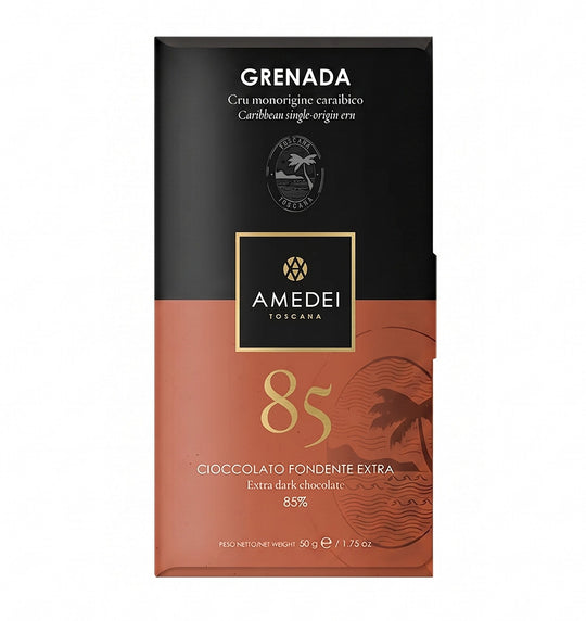 Chokladshopen Amedei Cru Grenada 85% mörk chokladkaka i elegant svart och terrakottafärgad förpackning.