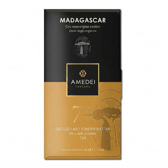 Chokladshopen Amedei Cru Madagascar 72% mörk chokladkaka i elegant svart och guld förpackning