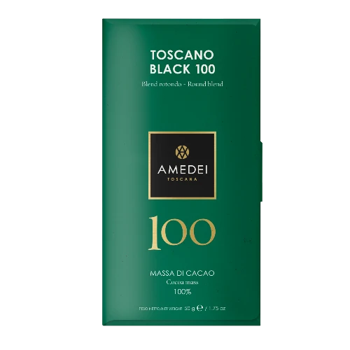 Chokladshopen Amedei Toscano Black 100% mörk chokladkaka i elegant grön förpackning utan tillsatt socker