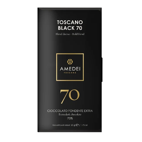 Chokladshopen Amedei Toscano Black 70% mörk chokladkaka i elegant svart förpackning med gulddetaljer