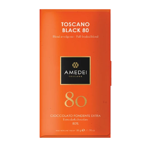 Chokladshopen Amedei Toscano Black 80% mörk chokladkaka i orange förpackning med guldtext