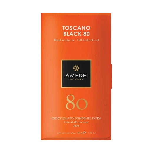 Chokladshopen Amedei Toscano Black 80% mörk chokladkaka i orange förpackning med guldtext