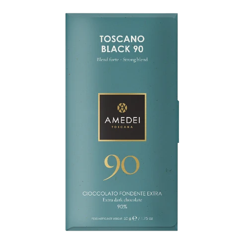 Chokladshopen Amedei Toscano Black 90% mörk chokladkaka i elegant blågrön förpackning med gulddetaljer.