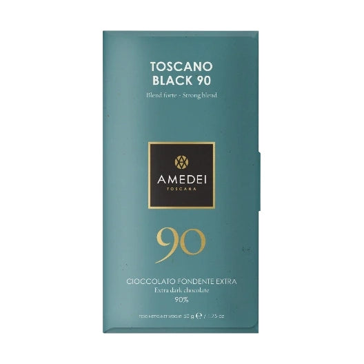 Chokladshopen Amedei Toscano Black 90% mörk chokladkaka i elegant blågrön förpackning med gulddetaljer.