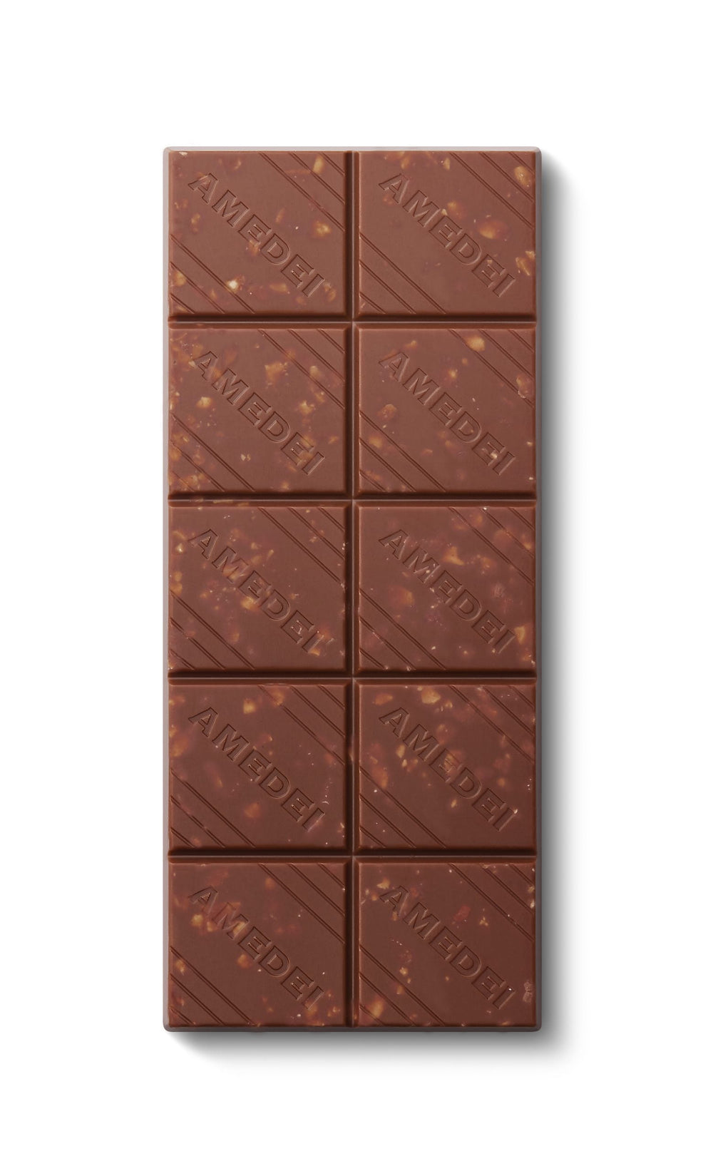 Chokladshopen Amedei Toscano Nocciola mjölkchokladkaka med hela rostade hasselnötter och präglad logotyp.