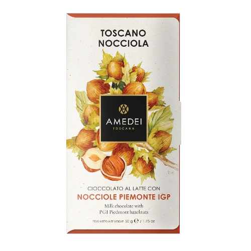 Chokladshopen Amedei Toscano Nocciola mjölkchokladkaka med hela rostade hasselnötter i elegant förpackning