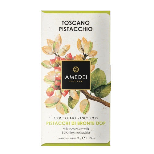 Chokladshopen Amedei Toscano Pistacchi vit chokladkaka med rostade pistaschnötter i elegant förpackning