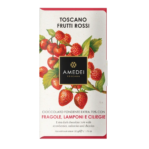 Chokladshopen Amedei Toscano Red 70% mörk chokladkaka dekorerad med illustrationer av jordgubbar, hallon och körsbär.