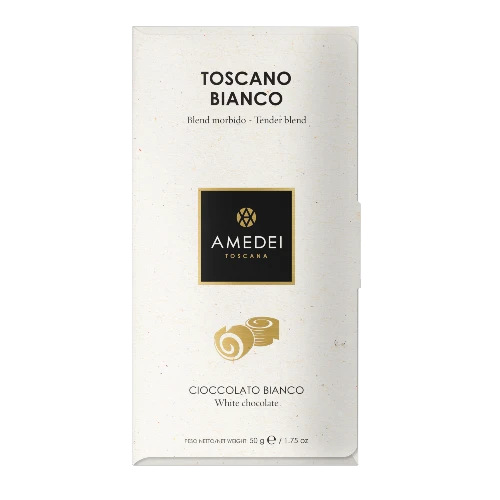 Chokladshopen Amedei Toscano vit choklad 29% i elegant krämvit förpackning med guldlogotyp