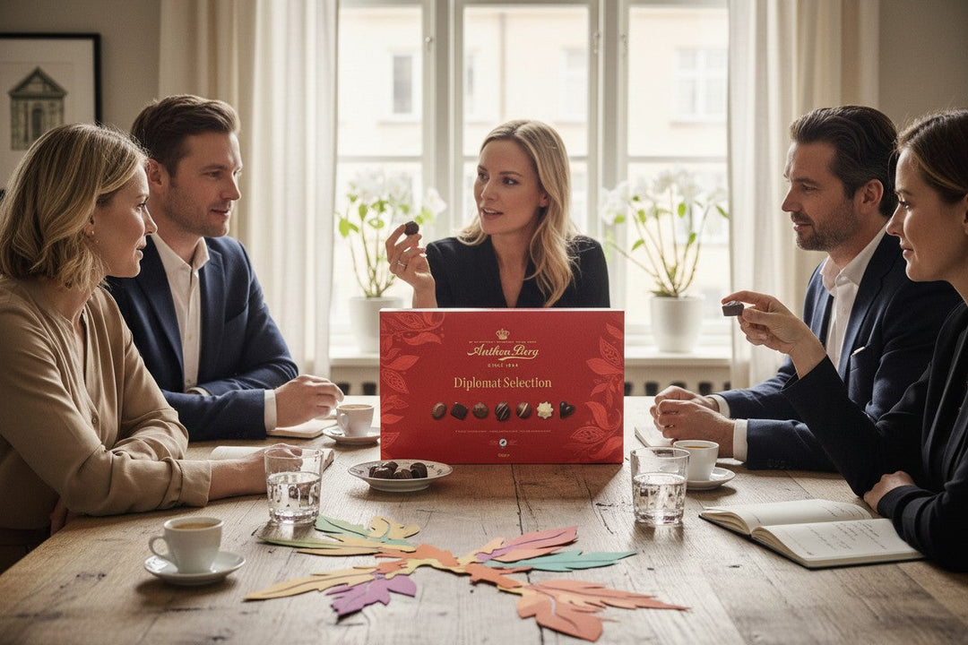 Chokladshopen Anthon Berg Diplomat chokladask på ett bord omgiven av vänner som njuter av praliner i en elegant miljö