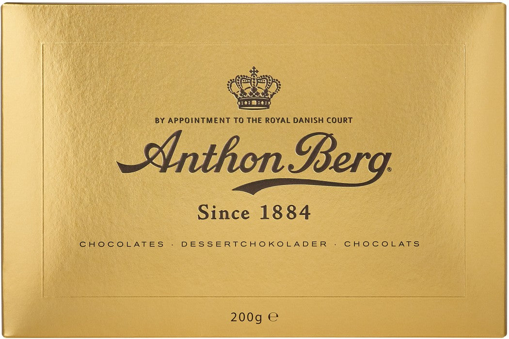 Chokladshopen Anthon Berg Guld Ask 200g med exklusiva chokladpraliner i en elegant guldfärgad presentförpackning