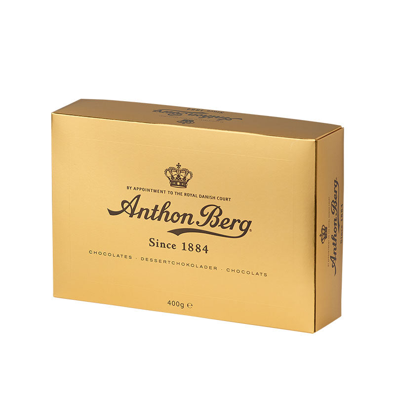 Chokladshopen Anthon Berg Guldask med lyxiga chokladpraliner i en elegant guldfärgad presentförpackning på 400g