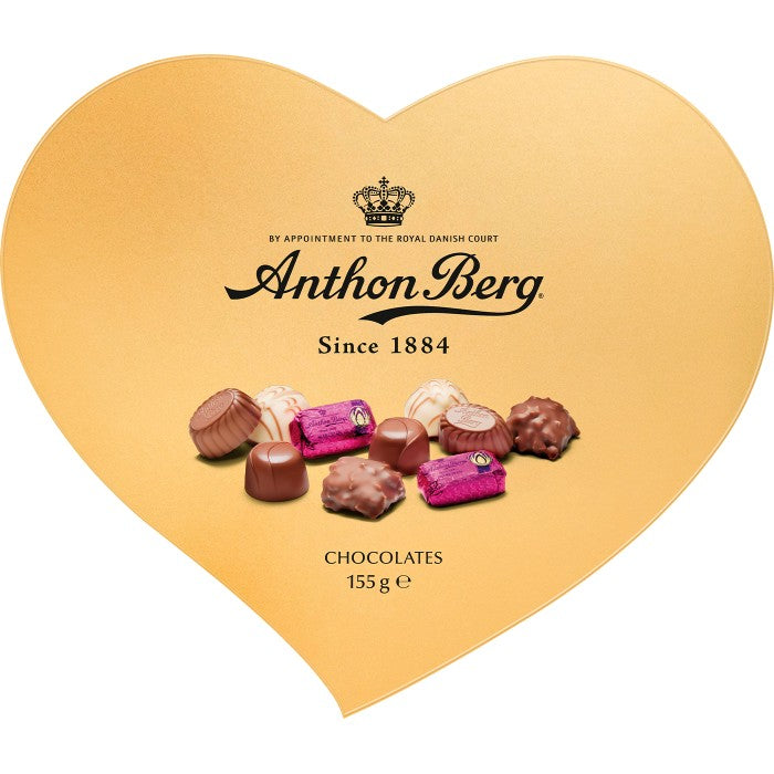 Chokladshopen Anthon Berg hjärtformad guldask med ett urval av lyxiga chokladpraliner, perfekt som gåva.
