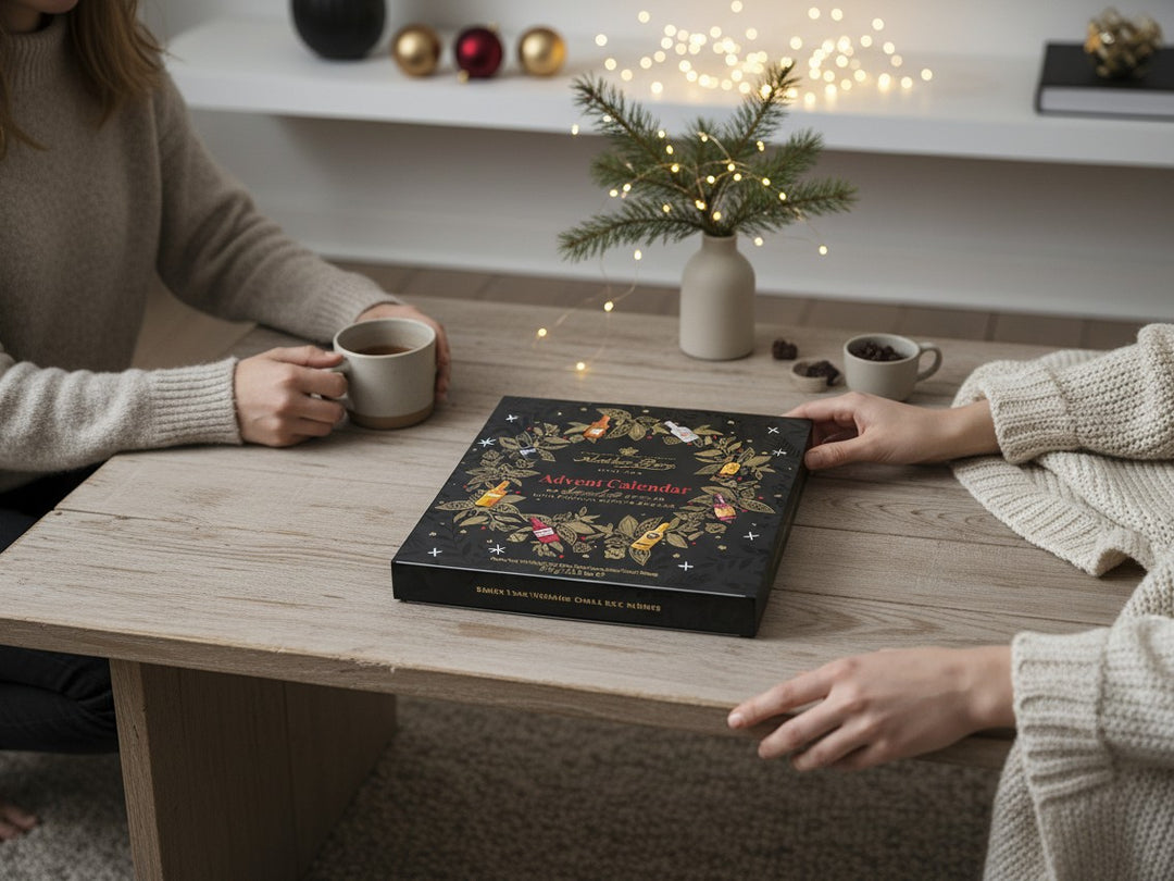 Chokladshopen Anthon Berg likörkalender med julmotiv på ett träbord omgiven av två personer med kaffekoppar