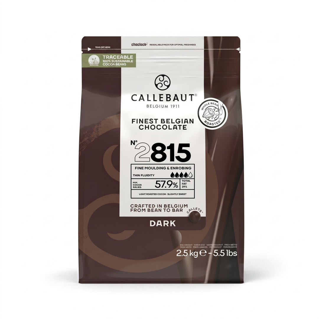 Chokladshopen Callebaut 2815 mörk chokladcouvertyr 57,9% i 2,5 kg förpackning för professionell bakning.