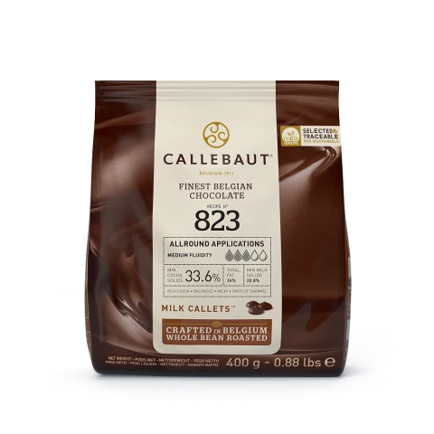 Chokladshopen Callebaut 823 mjölkchoklad i 400g påse med 33,6% kakaohalt för bakning och pralintillverkning