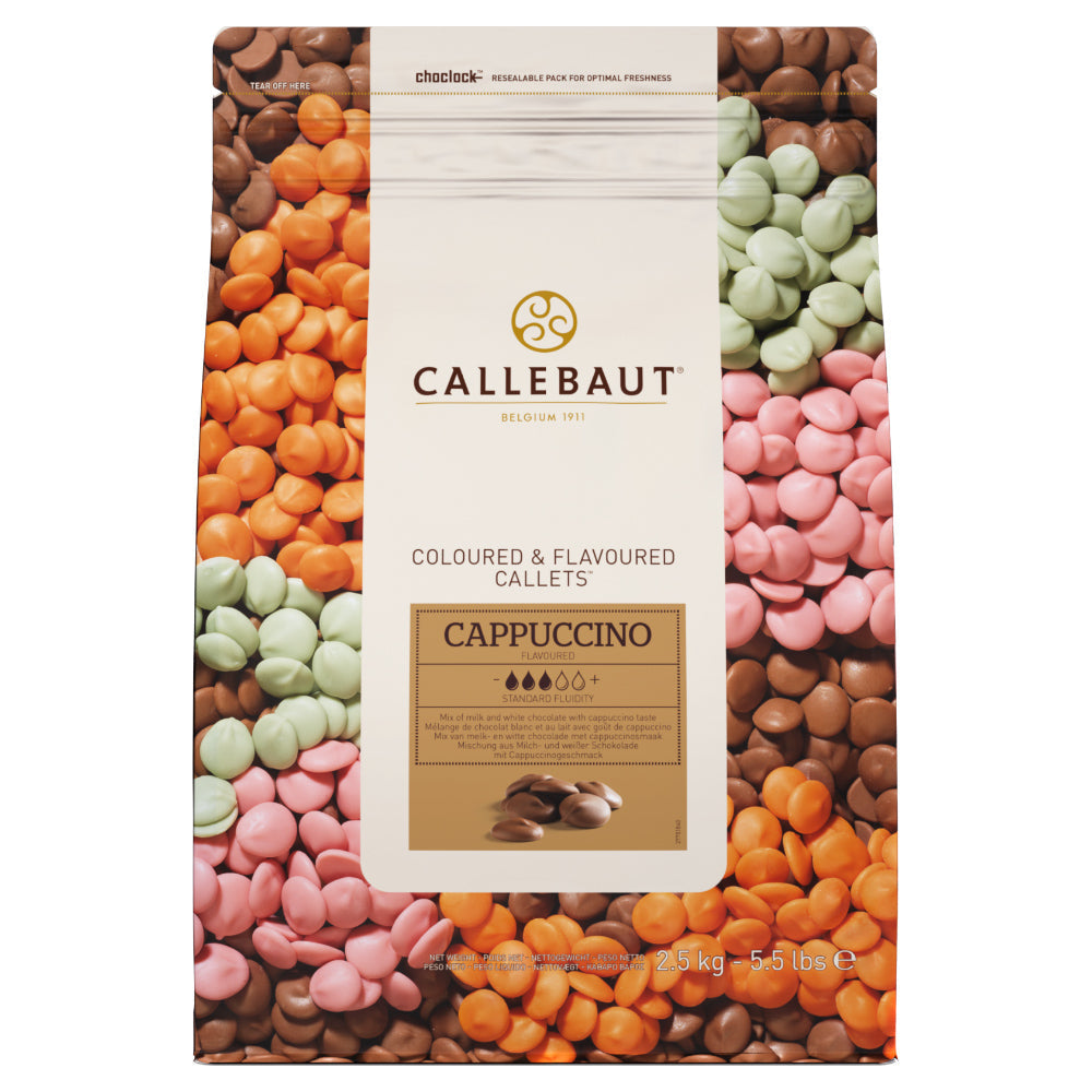 Chokladshopen Callebaut Cappuccino chokladpellets i 2,5 kg förpackning med smak av kaffe och mjölkchoklad.