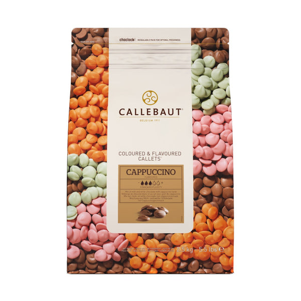 Chokladshopen Callebaut Cappuccino chokladpellets i 2,5 kg förpackning med smak av kaffe och mjölkchoklad.