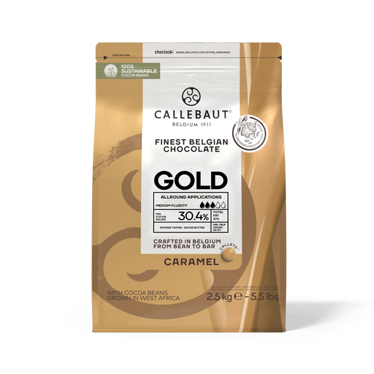Chokladshopen Callebaut Gold karamelliserad vit choklad i 2,5kg påse med 30,4% kakaohalt för bakning och praliner.
