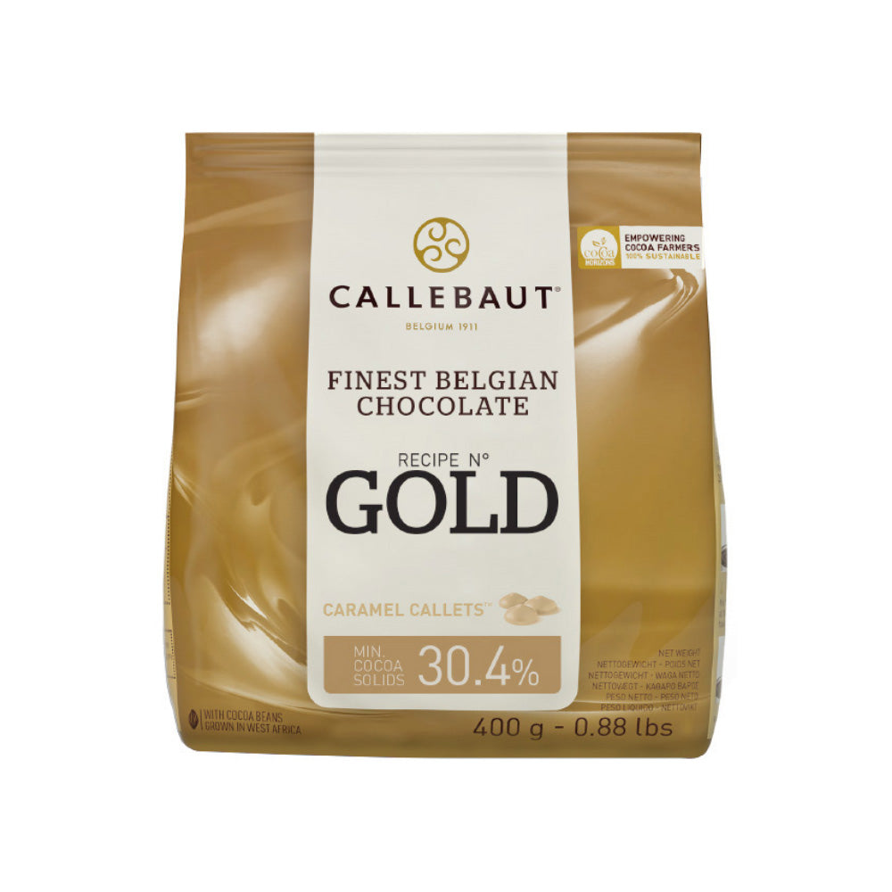 Chokladshopen Callebaut Gold karamelliserad vit choklad i 400g förpackning med 30,4% kakaohalt.