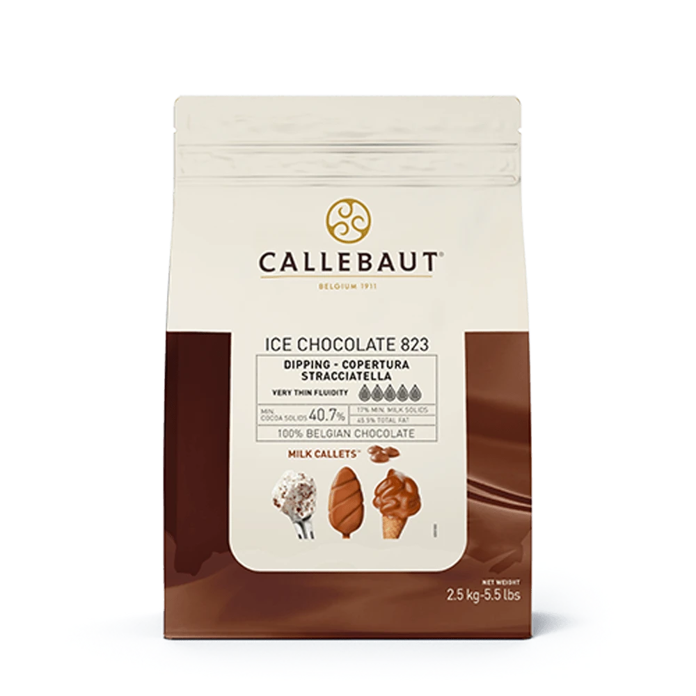 Chokladshopen Callebaut Ice Chocolate Milk 2,5kg förpackning med mjölkchoklad för glassdoppning och stracciatella.