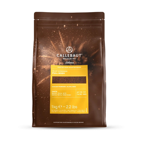 Callebaut Kakaopulver Velvet Full Body 1kg från Chokladshopen, ett mörkbrunt alkaliserat kakaopulver för bakning.