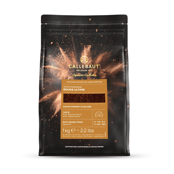 Chokladshopen Callebaut Velvet Rouge Ultime kakaopulver i 1kg förpackning med intensiv rödbrun färg och rik arom.