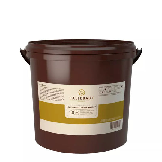Chokladshopen Callebaut kakaosmör i 3kg brun hink för professionell chokladtillverkning och bakning.