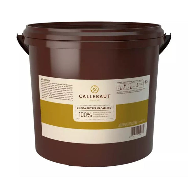 Chokladshopen Callebaut kakaosmör i 3kg brun hink för professionell chokladtillverkning och bakning.