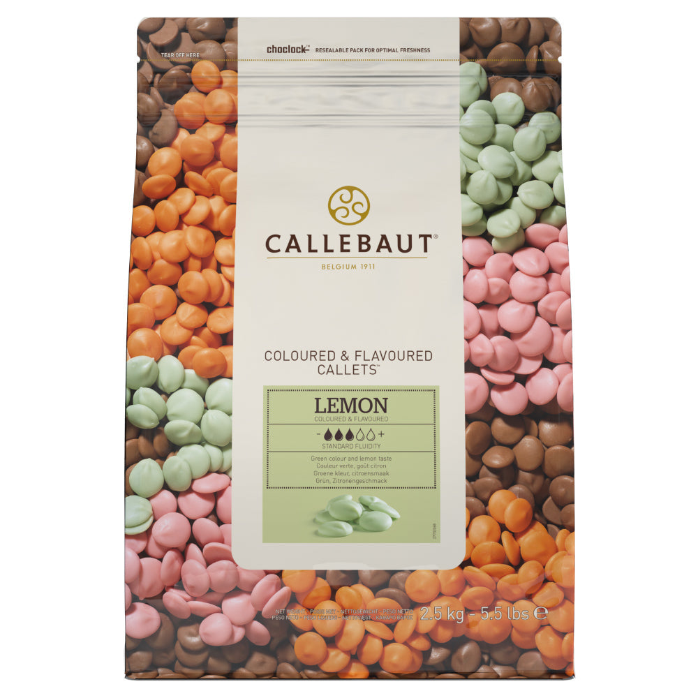 Chokladshopen Callebaut Lemon chokladknappar i 2,5 kg förpackning med gul citronsmak och vit chokladbas