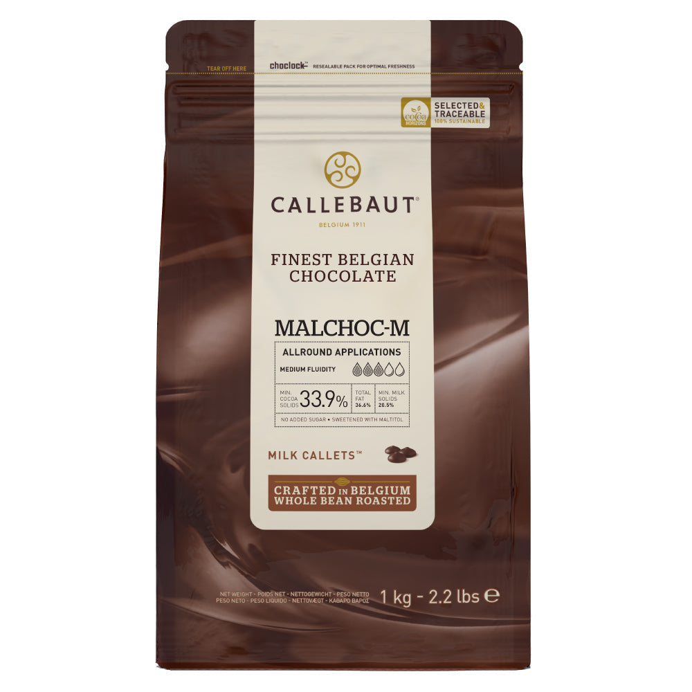 Chokladshopen Callebaut Malchoc mjölkchoklad utan tillsatt socker i 1kg påse med 34,1% kakaohalt.