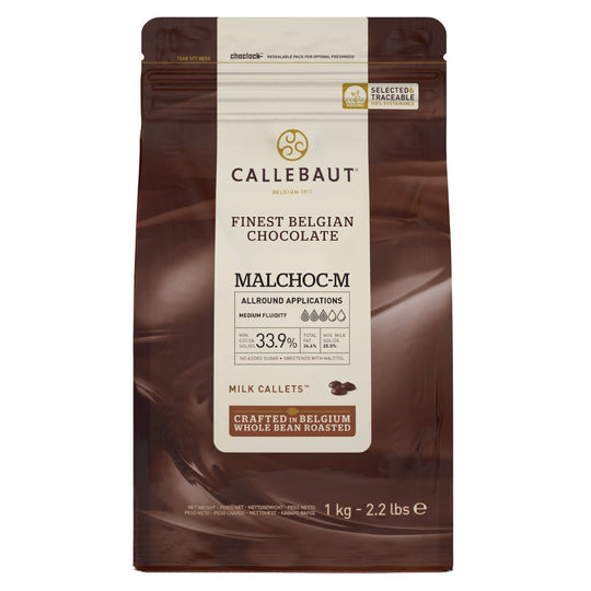 Chokladshopen Callebaut Malchoc mjölkchoklad utan tillsatt socker i 1kg påse med 34,1% kakaohalt.
