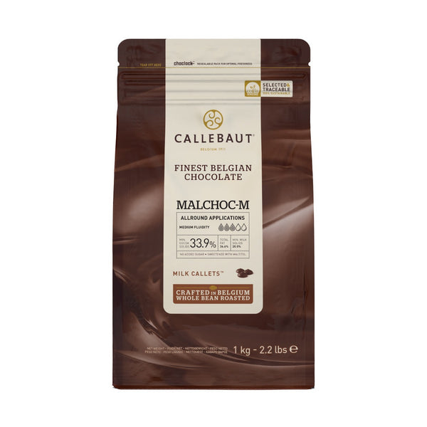 Chokladshopen Callebaut Malchoc mjölkchoklad utan tillsatt socker i 1kg påse med 34,1% kakaohalt.