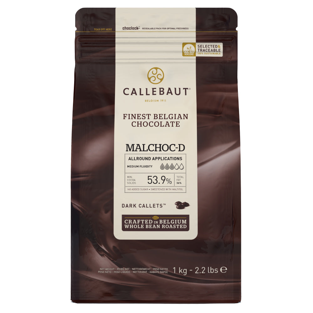 Chokladshopen Callebaut Malchoc sockerfri mörk choklad 53,9% i 1kg påse för bakning och pralintillverkning.