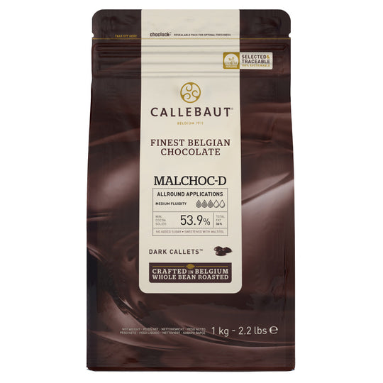 Chokladshopen Callebaut Malchoc sockerfri mörk choklad 53,9% i 1kg påse för bakning och pralintillverkning.
