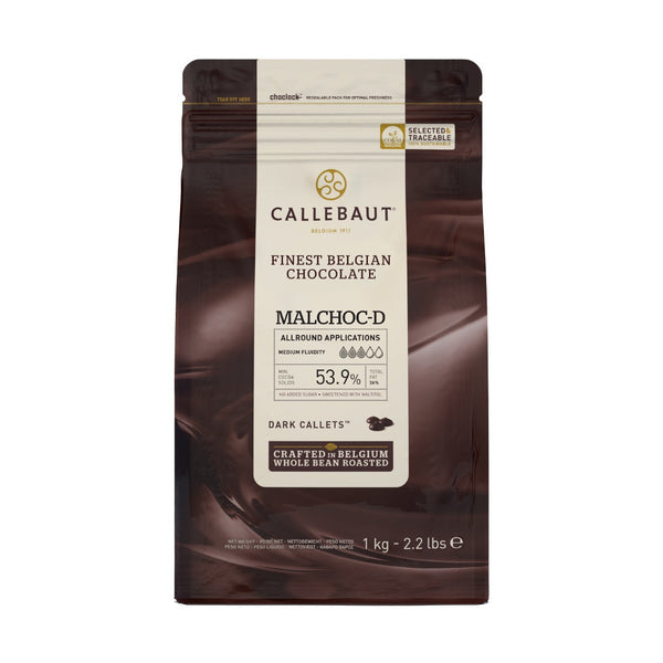 Chokladshopen Callebaut Malchoc sockerfri mörk choklad 53,9% i 1kg påse för bakning och pralintillverkning.