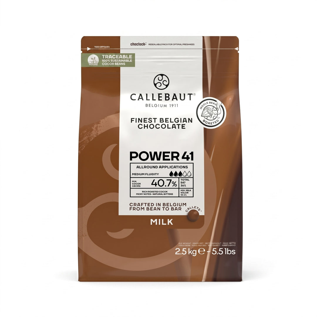 Chokladshopen Callebaut Power 40,7% mjölkchoklad i 2,5 kg förpackning med professionell belgisk chokladcouvertyr