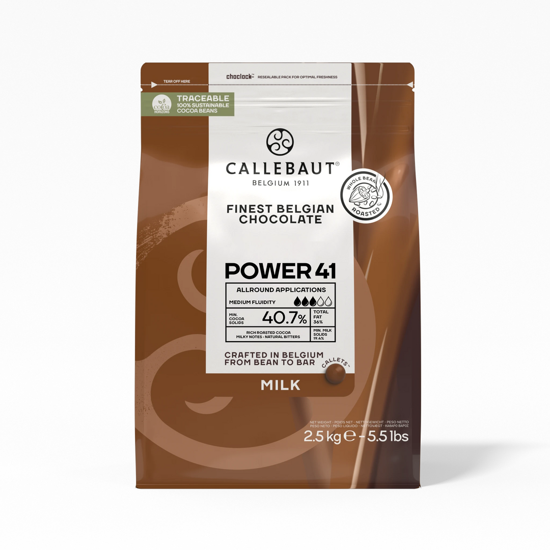 Chokladshopen Callebaut Power 40,7% mjölkchoklad i 2,5kg förpackning med professionella chokladknappar.