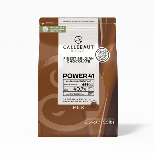 Chokladshopen Callebaut Power 40,7% mjölkchoklad i 2,5kg förpackning med professionella chokladknappar.