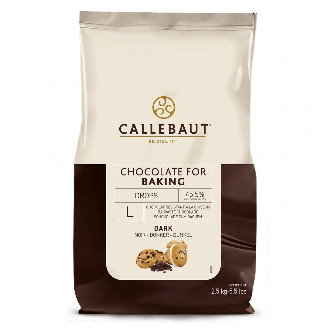 Chokladshopen Callebaut mörk bakchoklad i 2,5 kg förpackning med stora chokladpellets för professionell bakning.