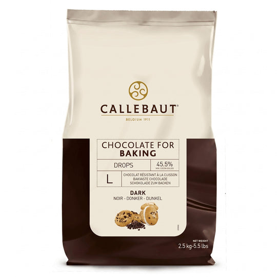 Chokladshopen Callebaut mörk bakchoklad i 2,5 kg förpackning med stora chokladpellets för professionell bakning.